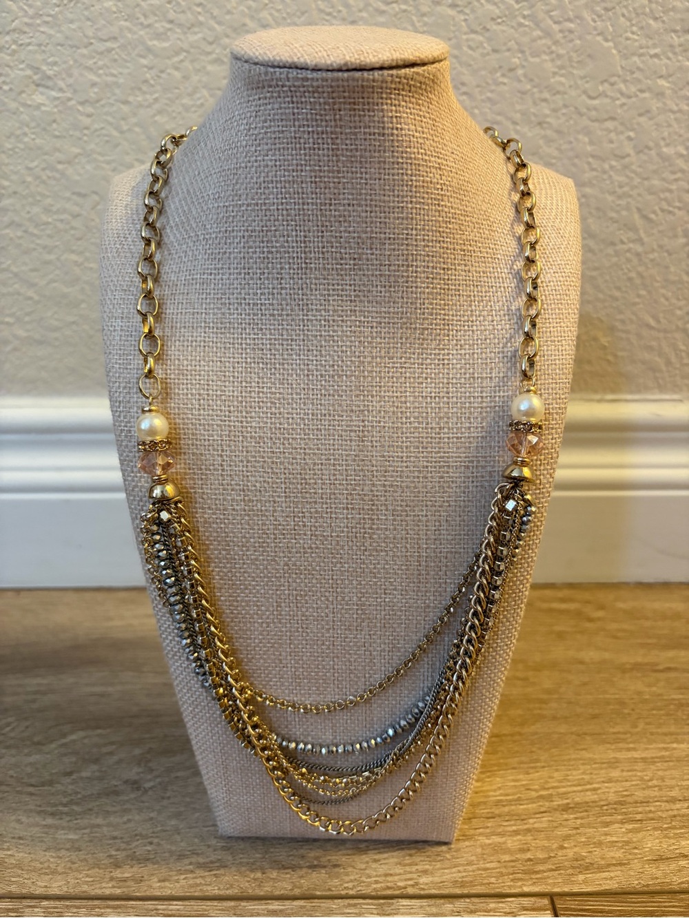 Chico's Gold & Silver-Tone Layered Chain Necklace with Pearl and Crystal Accents